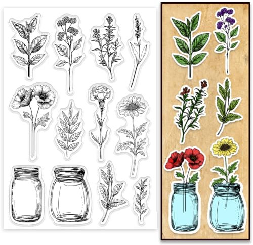 PH PandaHall Plant Clear Stamp for Scrapbooking, Leaf Branch Flower Silicone Stamp Jar Bottle Vase Transparent Rubber Stamp for Journal, Gift Tags, Invitation Card, Paper Crafting Photo Albums