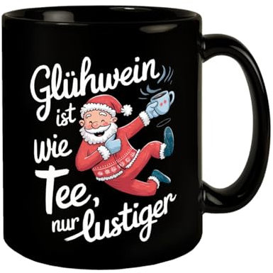 speecheese Fröhlicher Weihnachtsmann - Glühwein wie Tee nur lustiger Schwarzer Kaffeebecher Heißer Glühwein skurriles Muster perfekt für Tee-Liebhaber
