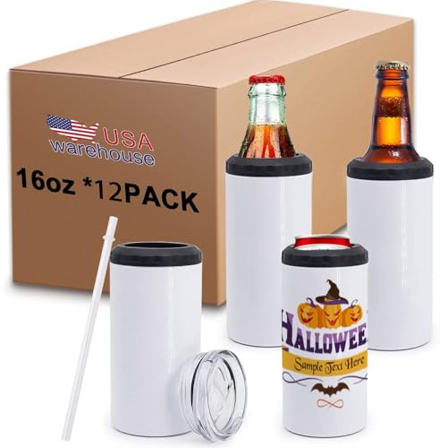 ZREGGUR 16 oz 12pack 4-in-1 Can Cooler Slim Sublimation Tumbler blank, Double Stainless Steel Vacuum Insulated for Hot and Cold Beverages, Standard Can, Beer Bottle and Insulated Mugs