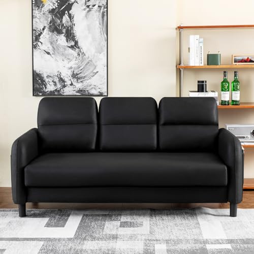 3 Seater Sofa 175CM, Modern Faux Leather Sofas & Couches Bed with Extra Deep Seat,3 Bolster Pillows & Wooden Legs,Upholstered Sofa Settee Large Sofas for Living Room, Guest Room, Bedroom, Office