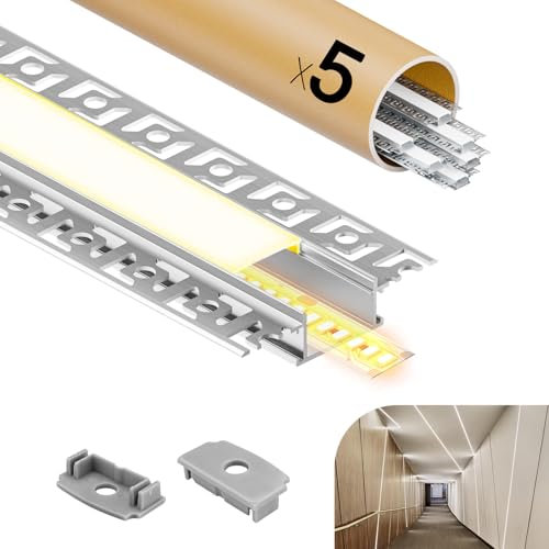 GEEKLUX 5 x Profilé LED Encastrable 2 m (Total 10 m) Profilés en Aluminium pour Ruban LED, Largeur jusqu'à 20 mm ou Deux Rubbans LED, Couvercle PC Semi-Transparent, Dimensions : 61.8 x 13.8 mm