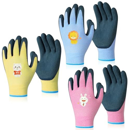 Ainiv 3 Paar Kinder Arbeitshandschuhe, Gartenhandschuhe Kinder, Rutschfeste Latex Schutzhandschuhe mit Handflächenbeschichtung (L17 cm, B8 cm, Mittelfinger L5,5 cm)