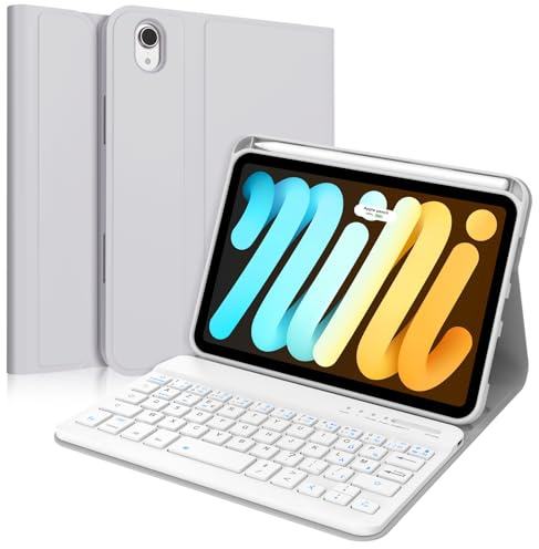 SENGBIRCH Coque Clavier pour iPad Mini 7 (A17Pro) 8.3 2024 - AZERTY Français Clavier Détachable sans Fil Bluetooth, Étui pour iPad Mini 7/6 8.3 Pouces, Gris Chair