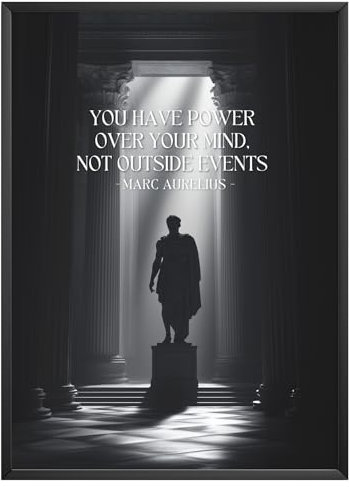MJ-GRAPHICS® Poster Affirmation Zitat Marc Aurel „You Have Power Over Your Mind“ – Stoizismus Philosophie Fine-Art Poster Büro Lernzimmer – A2-Format, ohne Rahmen