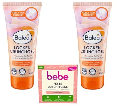 2x Balea Locken Crunchgel +1x Bebe feste Duschpflege | Gel-Textur für definierte Locken, Anti-Frizz, Veganes Haarstyling | 2x100ml + 1x 80g