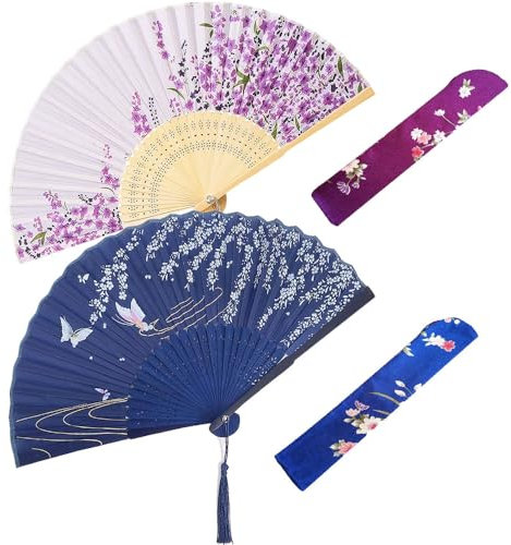 Belegao 2PCS Folding Hand Fans - Elegant Hand Fans with Pouch Tassel Bamboo Silk Fabric Portable Handheld Fan Chinese Fans for Birthday Gifts Cosplay Party Prom Performance Daily