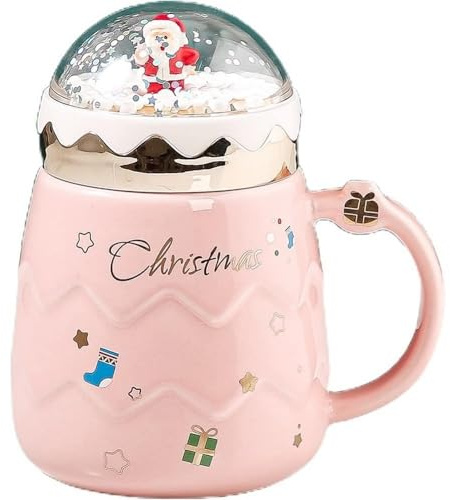 Huiyiwert Cute Weihnachtstasse Porzellan Kaffeebecher mit Deckel große Kaffeetasse mit Miniatur Weihnachtsdeko süße Teetasse Geschenk für Weihnachten Neujahr Geburtstag (Rosa)