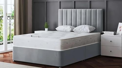 Modern Divan Bed with Storage Drawers, Spring Mattress, Designer Gio Headboard, Silver or Charcoal Chenille (silver chenille, 5ft king size)