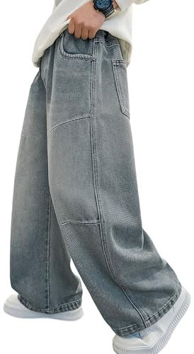 Rolanko Boys Baggy Jeans Elasticated Waist Cargo Wide Leg Skater Jeans with Multipockets Vintage Streetwear Denim Pants for Kids, Light Blue, 150, 10-11 Years