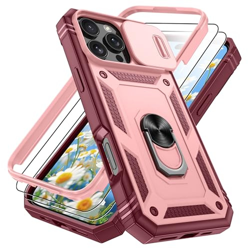 Pilaru 3 in 1 for iPhone 16 Pro Case with Front Frame |2 Separate Screen Protector| Kickstand Ring & Camera Cover Military Grade Drop Shockproof Protection for iPhone 16 Pro,Pink/Red