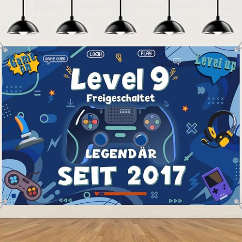 Tasoraor Game Deko 9. Geburtstag Banner - Gaming Geburtstagsdeko Level 9 Hintergrund 150 x 100 cm, Stoff Gamer Partybanner für Junge Kindergeburtstag Dekoration