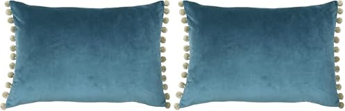 Paoletti Fiesta Rectangular Cushion Cover – Faux Velvet with Pompom Edges (Duck Egg/Natural – 35 x 50cm) (Pack of 2)