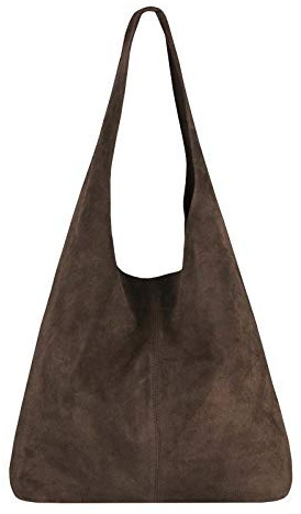 Made in Italy Damen echt Leder Tasche Rindsleder Shopper Schultertasche Umhängetasche Handtasche Beuteltasche Hobo Bag Ledertasche Reisetasche Sport Arbeit Urlaub Daily Bag groß Dunkelbraun Wildleder