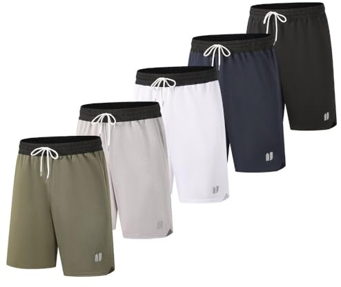Bsrpolry 5 pantaloncini sportivi da uomo con tasche, ad asciugatura rapida, per palestra, corsa, jogging, basket, fitness, Nero/Navy/Bianco/Grigio chiaro/Verde, M