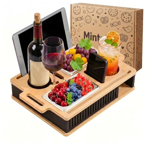 MinteLiv Couchbar Snackbox aus Bambus kippsicher Edelstahlschalen 40x27x8cm | Sofatablett, mit Weinglashalter und 2 Schalen, für Wohnzimmer, Garten & Camping, Geschenke für Männer und Frauen