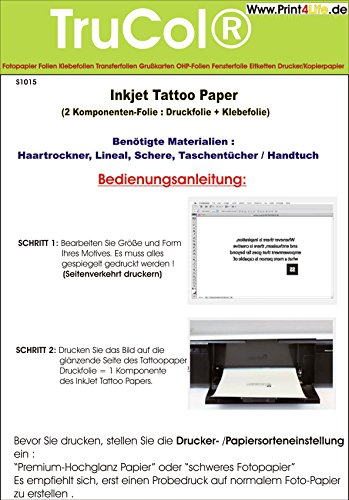 Tattoo – Transferfolie FÜR DIE Haut - zum aufkleben und selbst gestalten - für Inkjet Tintenstrahldrucker (A4 – 5 Blatt) - Tattoofolien