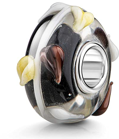 MATERIA by Matthias Wagner Colgante 3D de cristal de flores negro blanco amarillo marrón para pulsera europea 1030, Plata esterlina Vidrio
