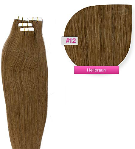 Tape Extensions Echthaar Haarverlängerung 60cm Tape In Haare mit Klebeband 10 Tressen x 4 cm breit und 2,5g Gewicht pro Tresse Farbe #12 Hellbraun