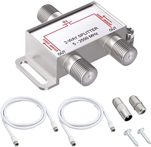 eSynic TV Aerial 2 Way Satellite F Type Splitter 5-2500MHz F Type Cable TV CATV Broadband Splitter with 1.5mm Coax Cable F Plugs for Sky Box Telewest Eurovox Starview Dreambox