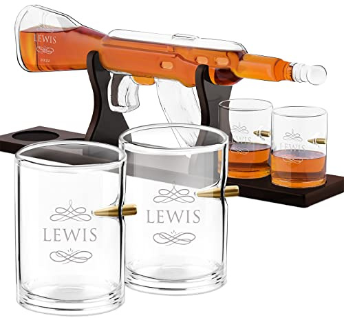 Maverton Rifle-Shaped Whiskey Decanter for Men + a Set of 4 Whiskey, Name | Glasses with Engraving