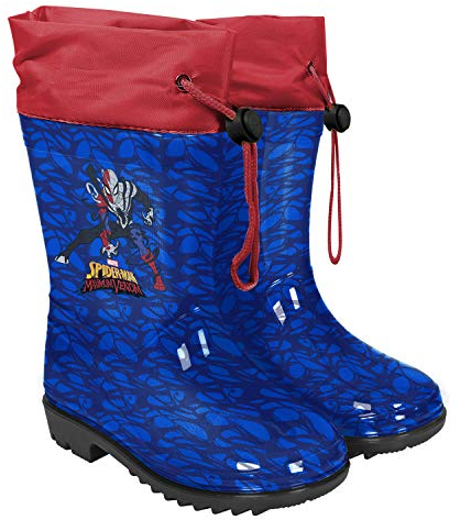 PERLETTI Stivali Pioggia Bambini Uomo Ragno - Stivaletti Impermeabili Spider Man Blu con Bordo Rosso per Asilo - Galosce Bambino Spiderman con Suola Antiscivolo Chiusura Coulisse (Blu Scuro, 24/25 EU)