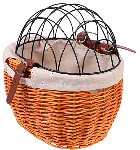 Tomaibaby Weiden Fahrradkorb mit Eisen Rahmen Deckel und Linier Tuch Rattan Farradtasche Weidenkorb Lenkerkorb Radkorb Vorne Korb Vorderradkörbe Aufbewahrungskorb für Kleine Hunde Katzen Under 10kg
