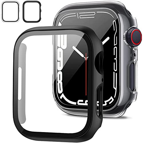 2 Pack Case Compatible with Apple Watch Series 7 41mm with Tempered Glass Screen Protector, Ultra-Thin Full Cover Bumper All Around Full Coverage for iWatch Accessories(Black+Transparent) (41MM)
