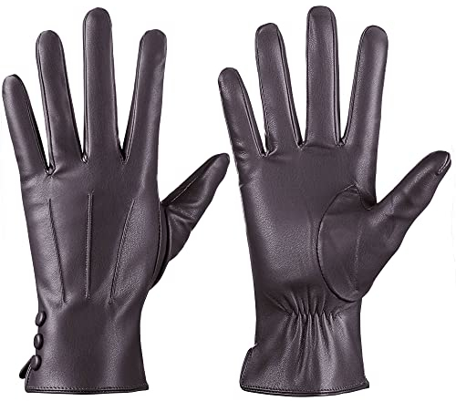 Lederhandschuhe für Damen, Winter, warme Handschuhe, Touchscreen, warm, mit Wolle gefüttert, Text, Kaffee, X-Large