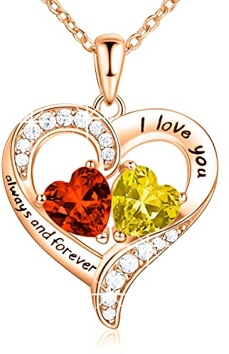 18K Rose Gold Heart Necklace, Birthstone Necklace Jewelry for Women with 2 Birthstones, Customized Gifts for Women Mom Wife Grandma Sister Friend, I Love You Always and Forever, Gold, Cubic Zirconia