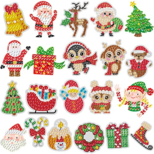 Diamond Painting Kit Enfant, 21 Pièces DIY Diamant Autocollants de Noël Autocollant Peinture Kit/Diamond Painting Complet pour Enfant 5D Peinture en Diamant, Broderie Diamant pour Enfants et Débutants