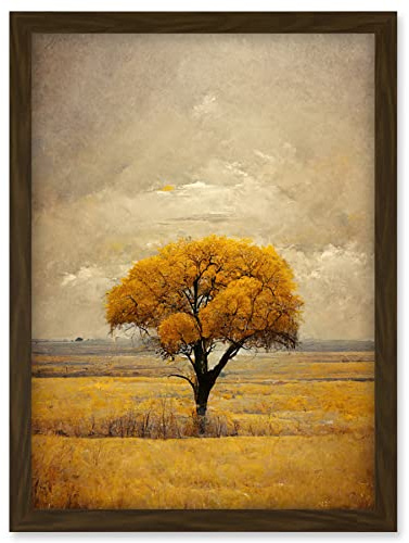 Doppelganger33 LTD Lone Tree Autumn Landscape Gold Yellow Mustard Artwork Framed Wall Art Print A4