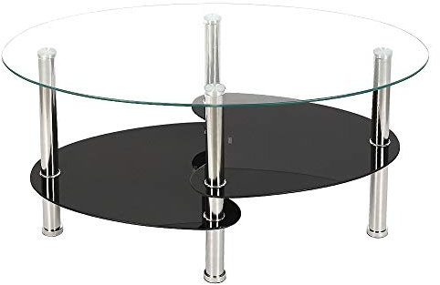 XDAILUYYDS Couchtisch Glas oval 3 Ebenen, Glastisch Wohnzimmer oval mit Zwei Ablagen in Hochglanz, Wohnzimmertisch Modernes Design aus Glas und Edelstahl, 90x50x43cm (Transparent und schwarz)