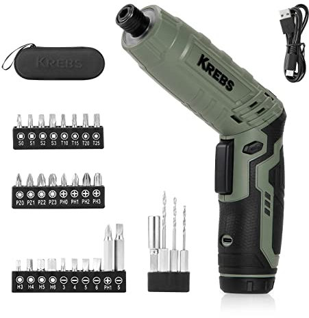 KREBS Power Electric Screwdriver, 4V Max 5Nm Cordless Screwdriver Rechargeable Set with 39pcs bits Accessories Kit, with LED Light Adjustable 2 Position Handles