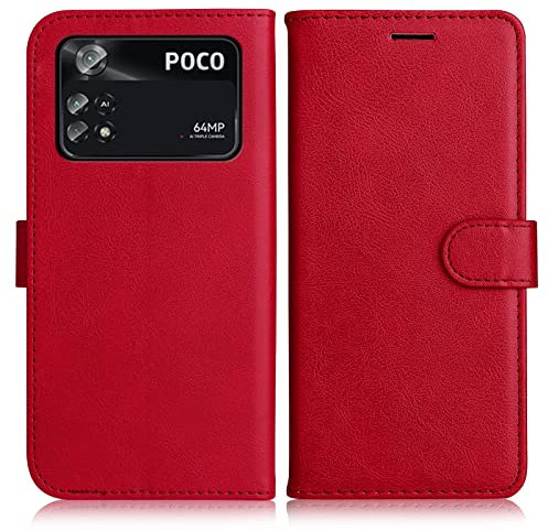 DENDICO Coque pour Xiaomi Poco M4 Pro 4G, PU en Cuir Coque Portefeuille Étui Housse, Design Classique TPU Coque pour Xiaomi Poco M4 Pro 4G, Rouge