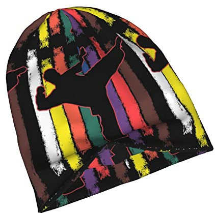 Lsjuee Karate Gürtel Farben Silhouette Print Beanie Mütze Strickmütze Freizeitmütze für Männer Frauen Schwarz