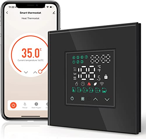 BSEED Smart Home, WiFi Raumthermostat Heizung programmierbare Temperatursteuerung für Wasser Fußbodenheizung, Alexa Google Home Tuya kompatibel ohne Batterien Schwarz