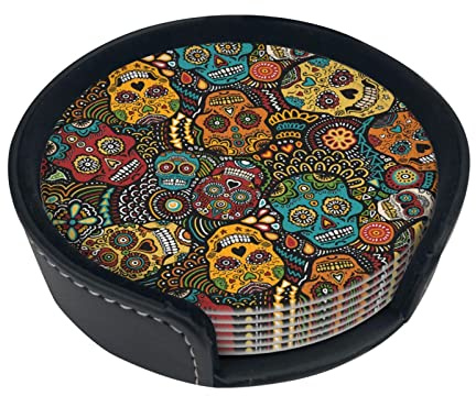 Lot de 6 dessous de verre en cuir imprimé tête de mort en sucre pour boissons, décoration d'intérieur et cadeau de pendaison de crémaillère