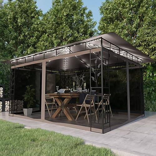LAPOOH Gazebo con Zanzariera lu ci LED 4x3x2,73 m Grigio Talpa,Gazebo,Impermeabile,Anti UV,Gazebo da Giardino,Gazebo Esterno(SPU:3070319)