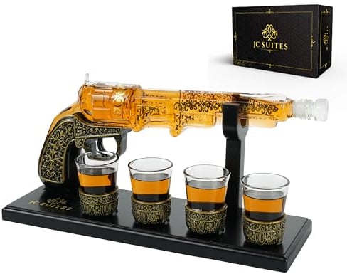 Whiskey Decanter Set with Glasses - Gun Decanter Set for Whiskey with 4 Shot Glasses Stand Funnel & Gift Box, Whiskey Decanter Sets for Men, Liquor Dispenser Set for Tequila & Alcohol for Home Bar