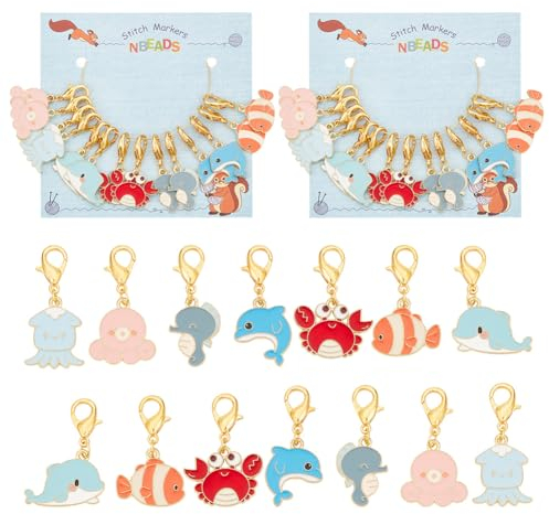 NBEADS 28 Stück Meerestier-Stichmarker, Wal/Tintenfisch/Krabbe Emaille Häkeln Stich Marker Abnehmbarer Karabinerverschluss Verriegelung Stich Marker für Stricken Weben Nähen Schmuckherstellung