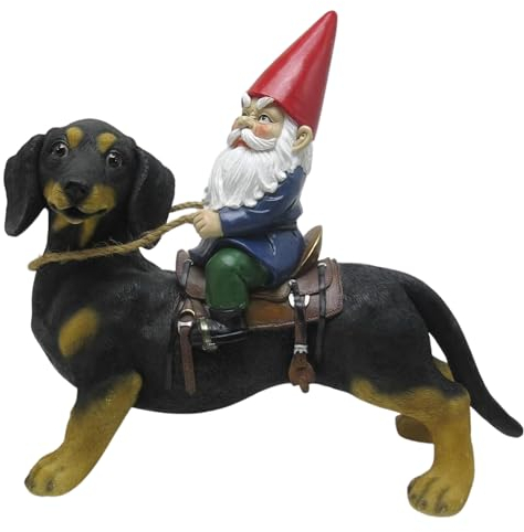 G&H Decor - 35cm Gnome Riding Dachshund Garden Statue - Weiner Dog Figurine - Gnomes Lawn Sculpture with Umbrella and Amazing Detail – Frost Resistant - Suitable for Indoor Outdoor Use – Funny Gift
