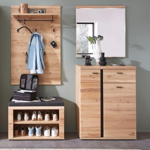 Lomadox Garderoben-Set mit Schuhbank und Spiegel in braun | Flurgarderobe aus Esche massiv im Modernen Stil