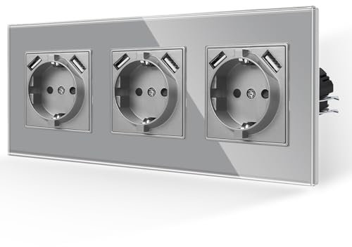 JIMEIDA 3 Fach Steckdose mit USB in Grau,16Amp Glas Steckdosen mit USB Port,Unterputz Wandsteckdose-228 * 86mm,250V