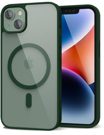 oakxco for iPhone 14 Plus Case Clear Magnetic Compatible with Magsafe, Thin Slim Transparent Non Yellowing, Hybrid Soft Silicone Bumper & Hard Plastic Protective Cover for Women, Dark Green