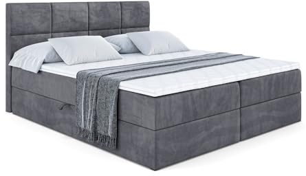 ALTDECOR Boxspringbett mit Matratze und Lattenrost, Boxbett, Topper, Polsterbett mit Bettkasten, Bett mit Stauraum H3-Matratze, Doppelbett, Springboxbett - ARDENI - 200x200 - Dunkelgrau Samt
