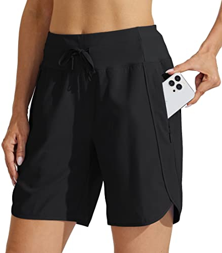 WILLIT Damen Shorts Sporthose Kurz High Waist Laufhose Sommer Laufshorts Schnelltrocknend Wanderhose Kurze Hose Sport Fitness Running mit Taschen 7 Schwarz L