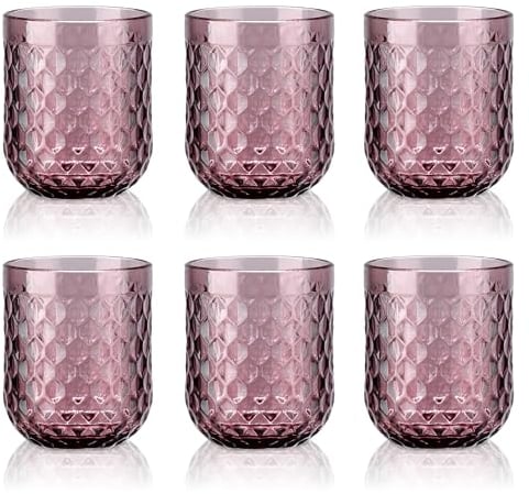 Joeyan 200ml klein Violett Trinkgläser Set von 6,Bunt Wassergläser Set mit Diamant Geprägtem Design,Vintage Gläser Set for Zuhause Restaurant Bar,Spülmaschinenfest