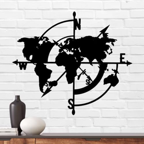 Terma Stahldesign Wanddeko Kompass 75 cm schwarz XXL Weltkarte Made in Germany Bild Dekoration Metall Rose Natur Wanddekoration Deko Metall Wand Bild Deko Wohnzimmer Wandbild Schlafzimmer Industrial