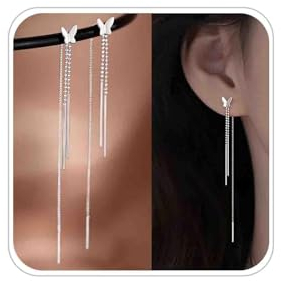 Butterfly Einfädler Ohrringe Silber - Lange Kette Faden Linie Durchziehen Bar Quaste Baumeln Perle Tropfen Schmuck Für Frauen Und Mädchen
