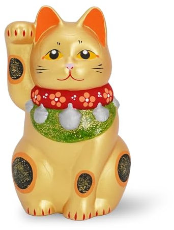 COTONOHA Goldene Keramik Maneki-Neko Figur - 13,5 cm Glückskatze Statue für Wohlstand und Glück